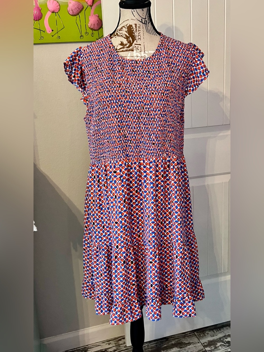 THML Smocked Flutter Sleeve Dress XL Red Blue Boho Boutique Dress
